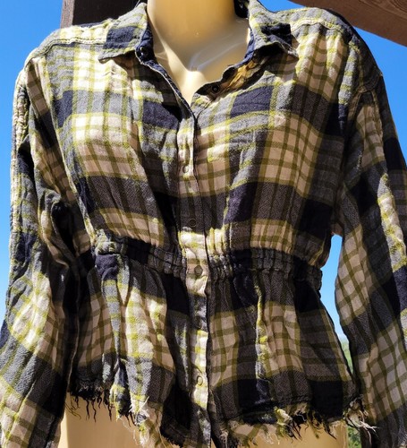 Free People We The Free Pacific Dawn Plaid Shirt Black Green Snap Raw edge XS