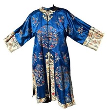 Antique Chinese Silk Embroidered Robe Republic Era Blue Garden Motif Silk