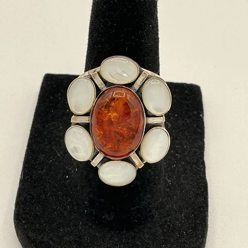 Sterling Silver Amber Moonstone Vintage Style Ring Size6.5