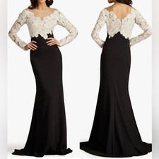 NEW Tadashi Shoji Black Ivory Floral Lace Bodice Long Sleeve Gown Sz 6