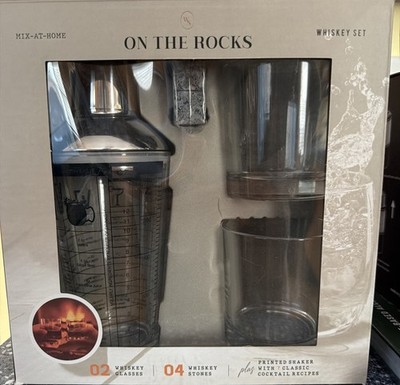 On The Rocks Whiskey Set With Printed Shaker 2 Whiskey Glasses 4 Whiskey Stones