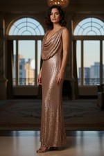 For You Dress Elegant Rose Gold Sequin Evening Gown with Draped Neckline SZ 6