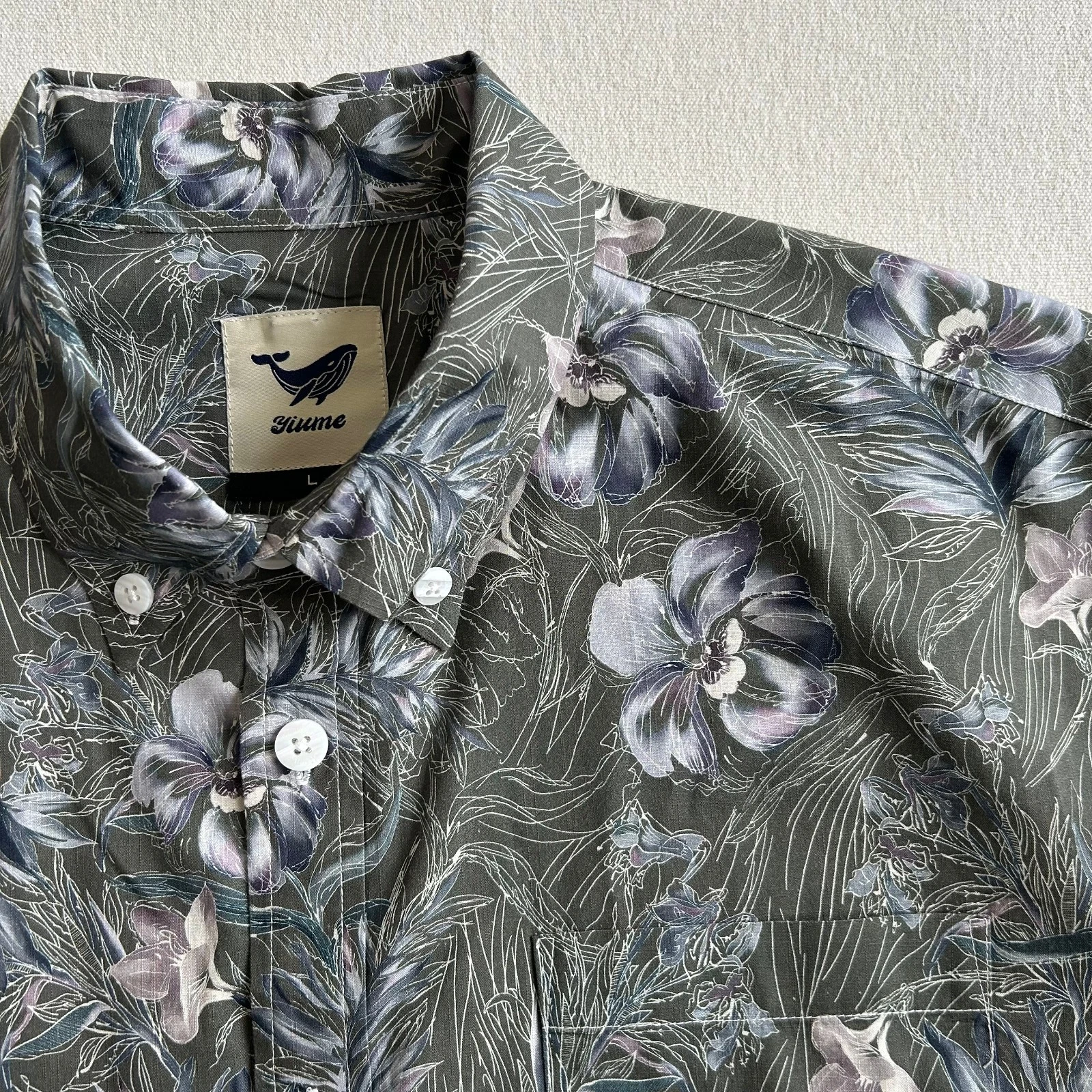 Yiume Shirt Mens Large Hawaiian Green Floral Button Up Aloha Beach Resort