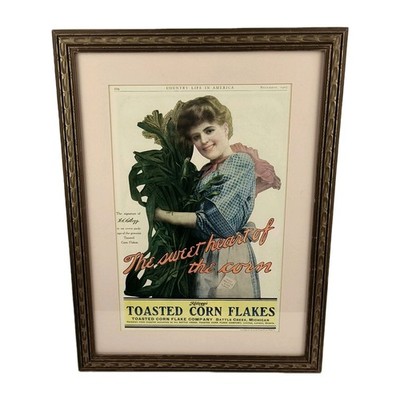 Antique Original December 1907 Toasted Corn Flakes Ad Framed in Gold Tone Frame