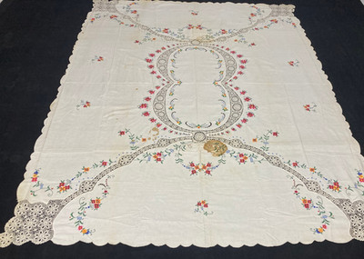 Vintage Französische Schöne Blumen Handbestickt Tischdecke Tagesdecke 211x165 cm