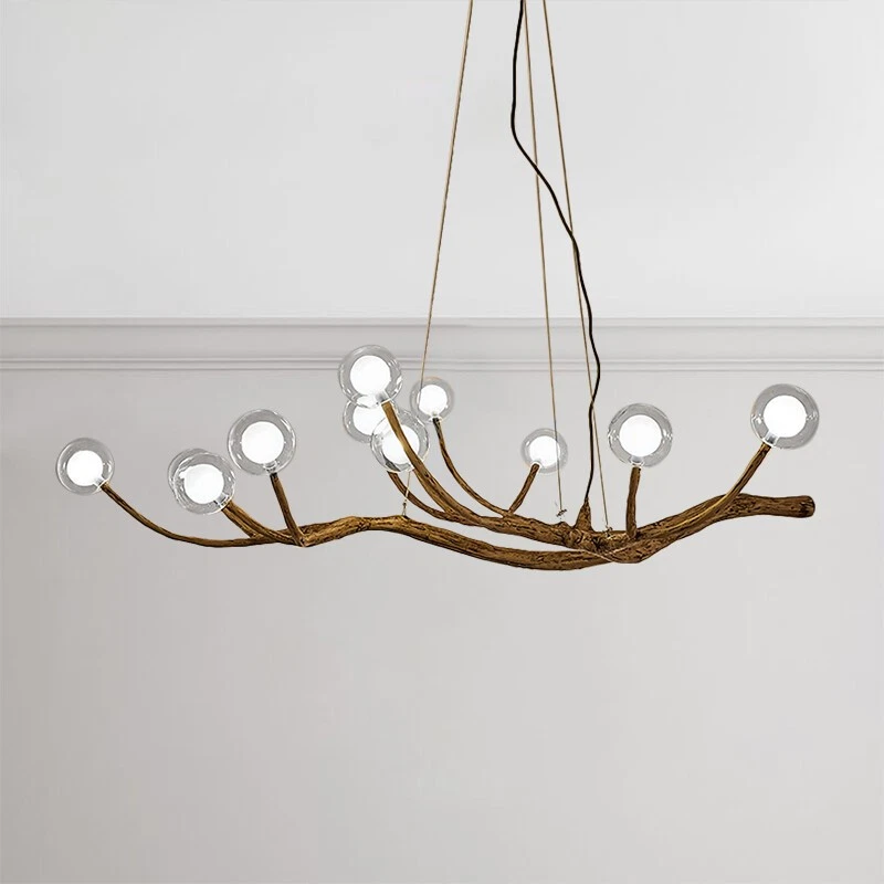Lámpara de araña moderna de vidrio rama de madera rama de árbol luz accesorios de techo Foto 2 de 4