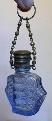 Antique Blue Glass Vinaigrette Scent Perfume Bottle Chatelaine Finger Ring Chain