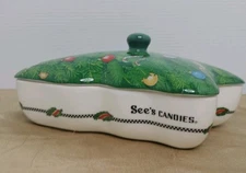 See's Candies Christmas Tree Porcelain Holiday Candy Dish With Lid 7.5" x 6" New