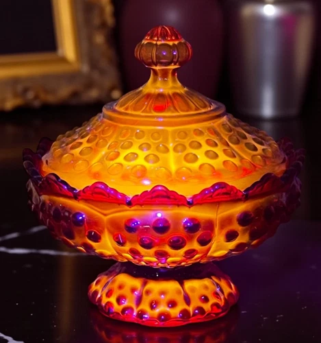 Fenton Vintage Ruby Red Amberina Hobnail Covered Dish GLOWS!