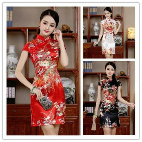 Mini robe sexy traditionnelle chinoise satinée soie Cheongsam Qipao taille S-2xl - Photo 1 sur 8