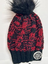 DKNY Beanie Hat Toboggan Knit Red Black Herringbone Women  s Winter Cap NWT