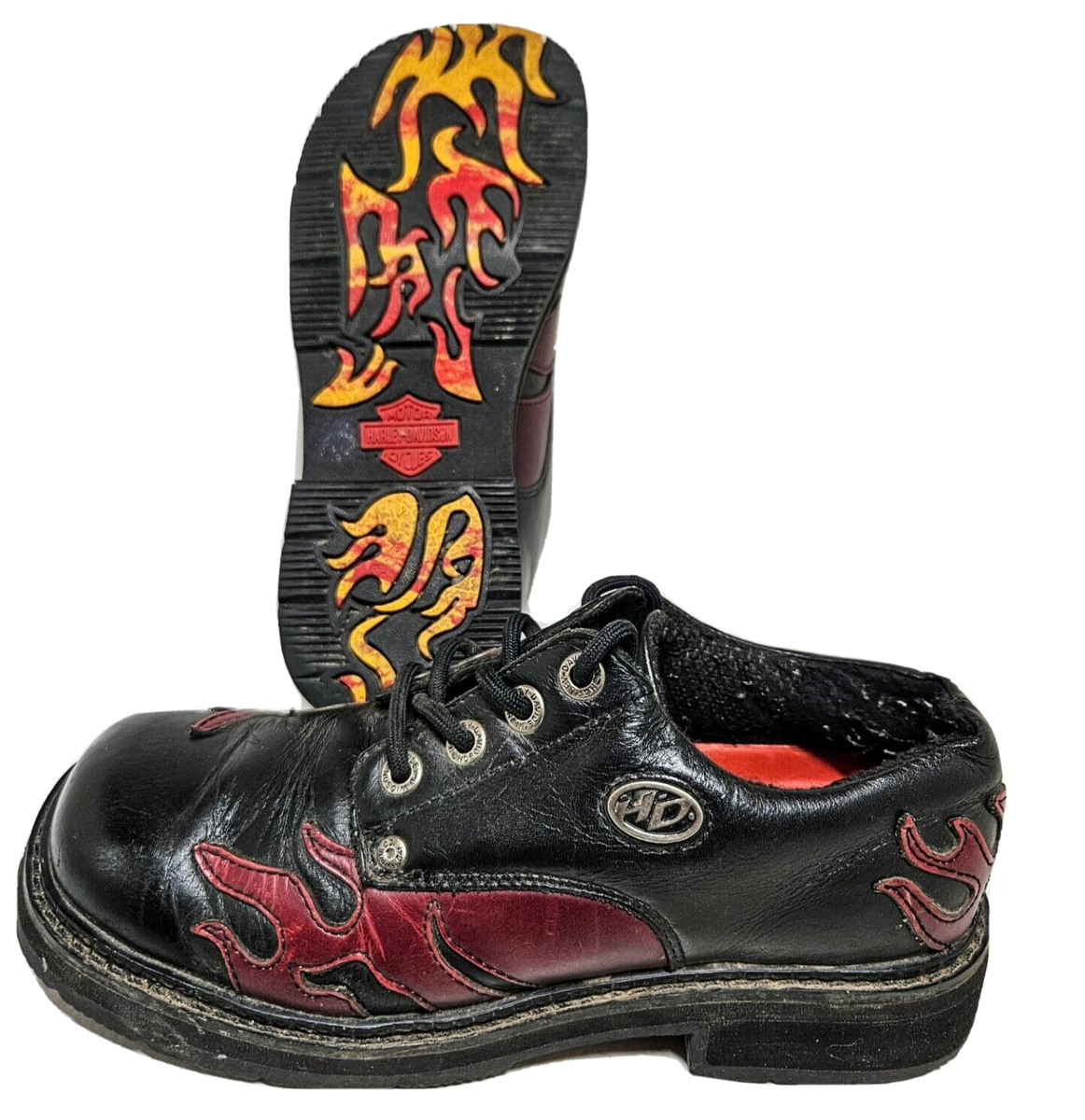 VINTAGE HARLEY DAVIDSON Womens Leather Flames Shoes Retro Black 