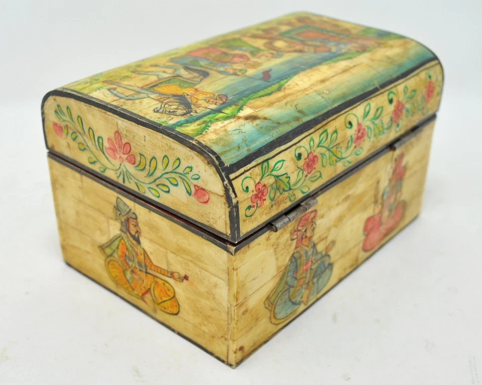 Caja Ajustable Hueso Madera Antigua Original Madera Dura Hecha a Mano Finamente Pintada Foto 3 de 4