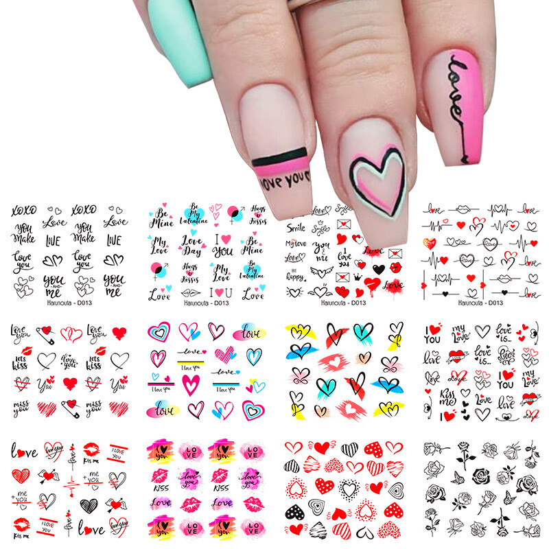 12Style/Sheet Love Heart Nail Water Decals Valentine's Day Nail Sticker Decor