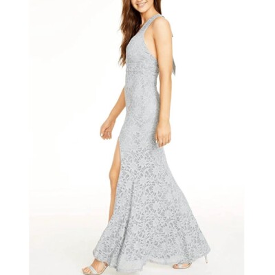 New City Studio Glitter Lace Satin Bow Back High Slit Maxi Dress Grey Size  5 | eBay