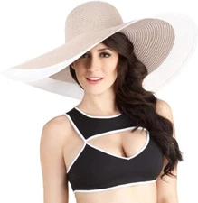 Women's Noble Straw Wide Brim Hat Floppy Beach Sunhat with White Brim
