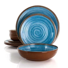 Rippled Tides 12 Piece Dinner Service Set Lightweight Melamine Dinnerware Blue