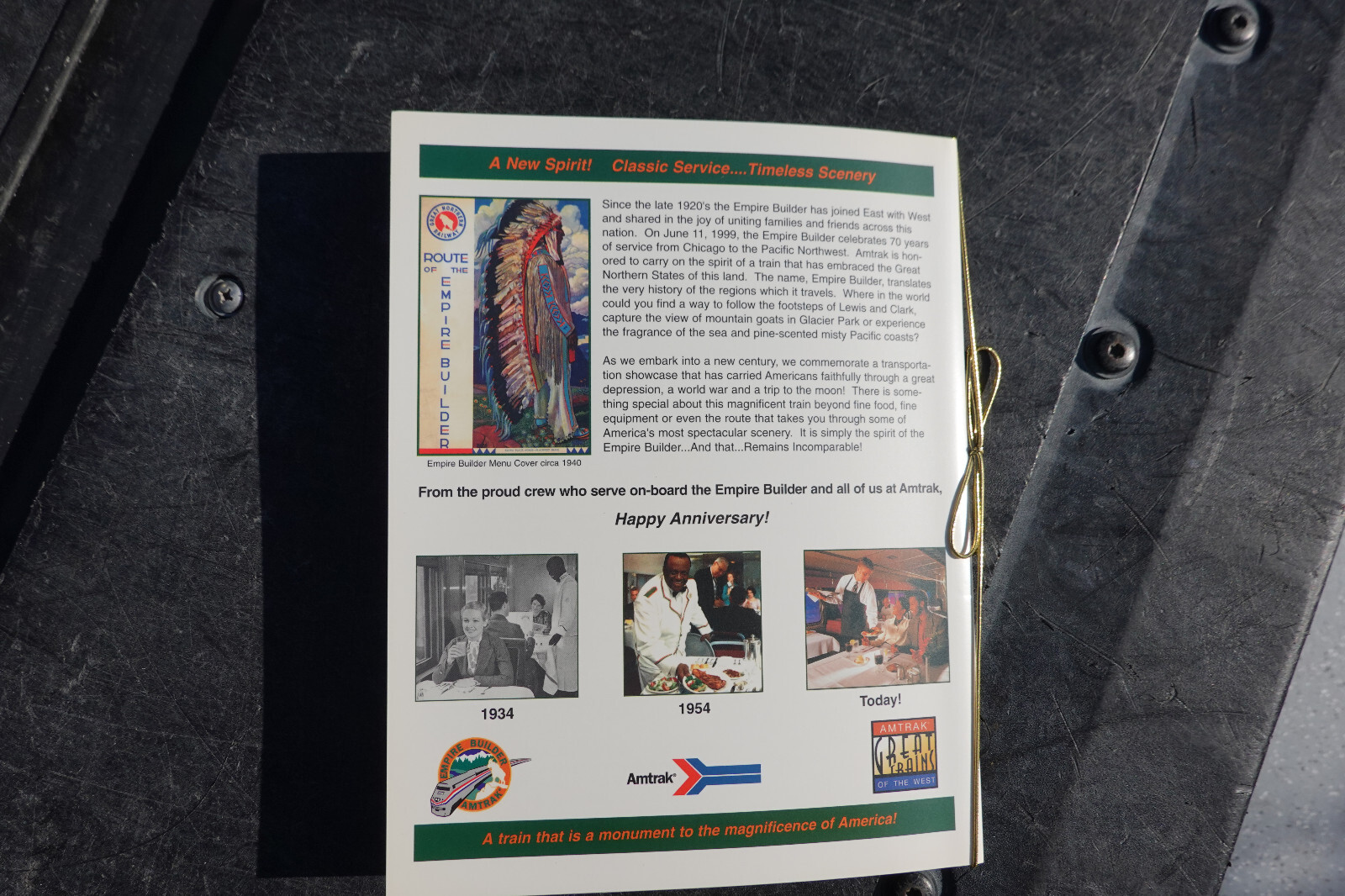 Amtrak Vintage EMPIRE BUILDER 70TH ANNIVERSARY COMMEMORATIVE dining car menu