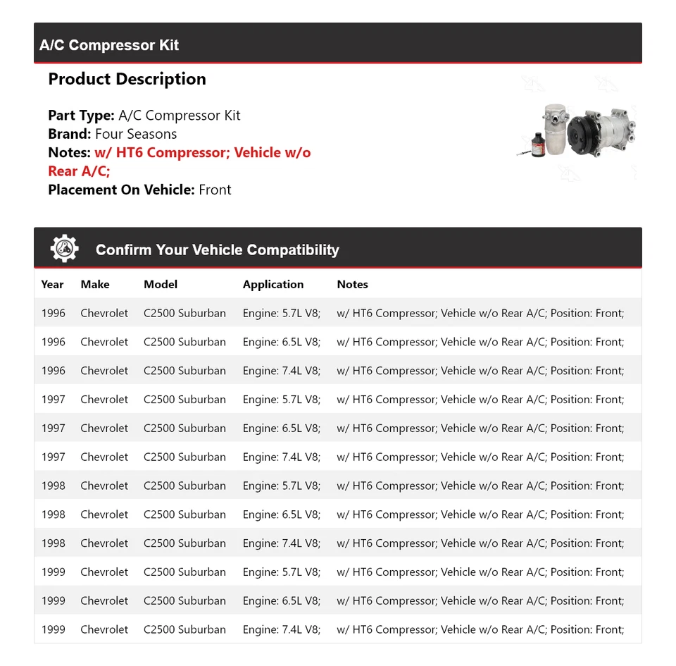 Kit de compresor de aire acondicionado delantero 4 estaciones 1997 para Chevrolet C2500 Suburban 1996-1999 Foto 2 de 4