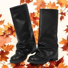 Fold Over Boots Black Ladies Square Rounded Toe Faux Leather Gift UK 9 EU 43