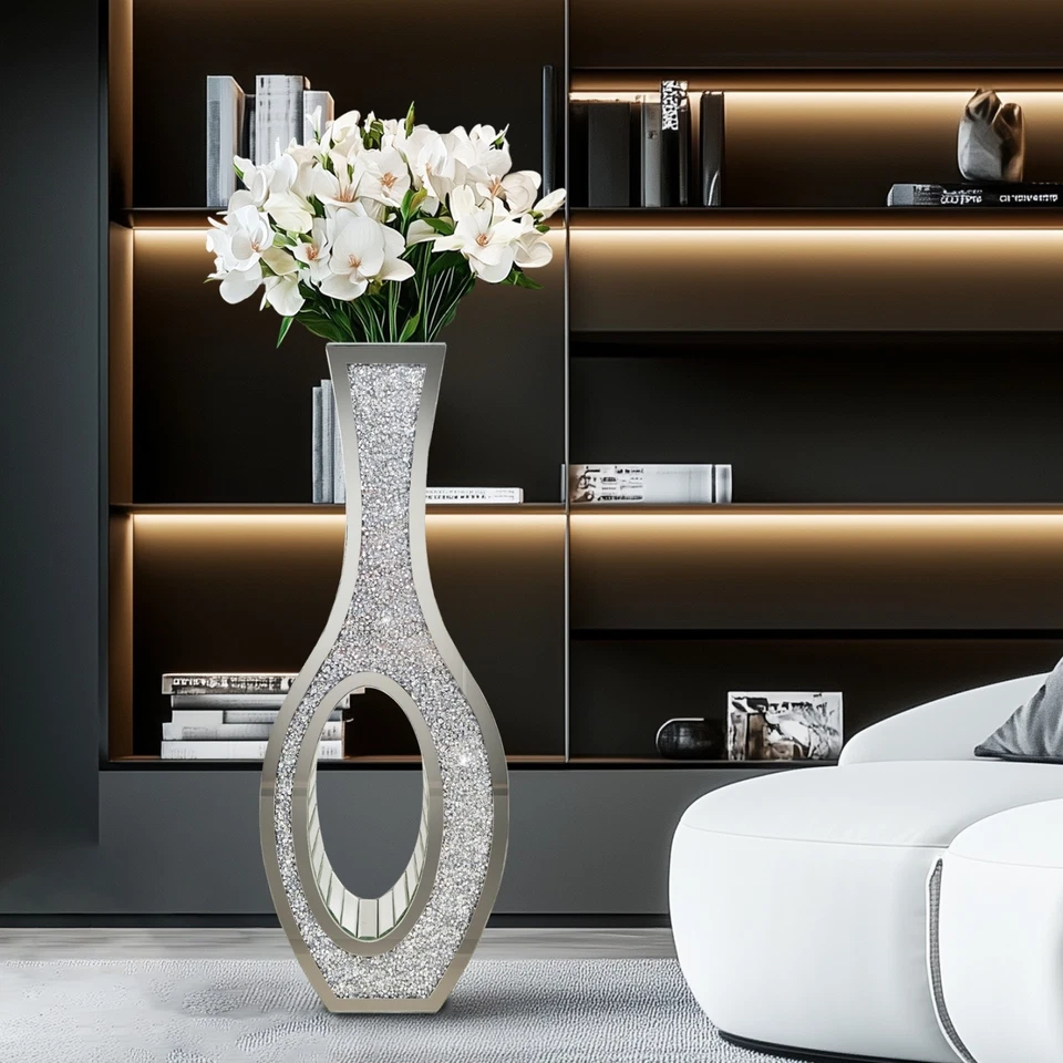 Jarrones de piso con espejo grandes plateados para decoración sala de estar con incrustaciones de diamante triturado Foto 3 de 4