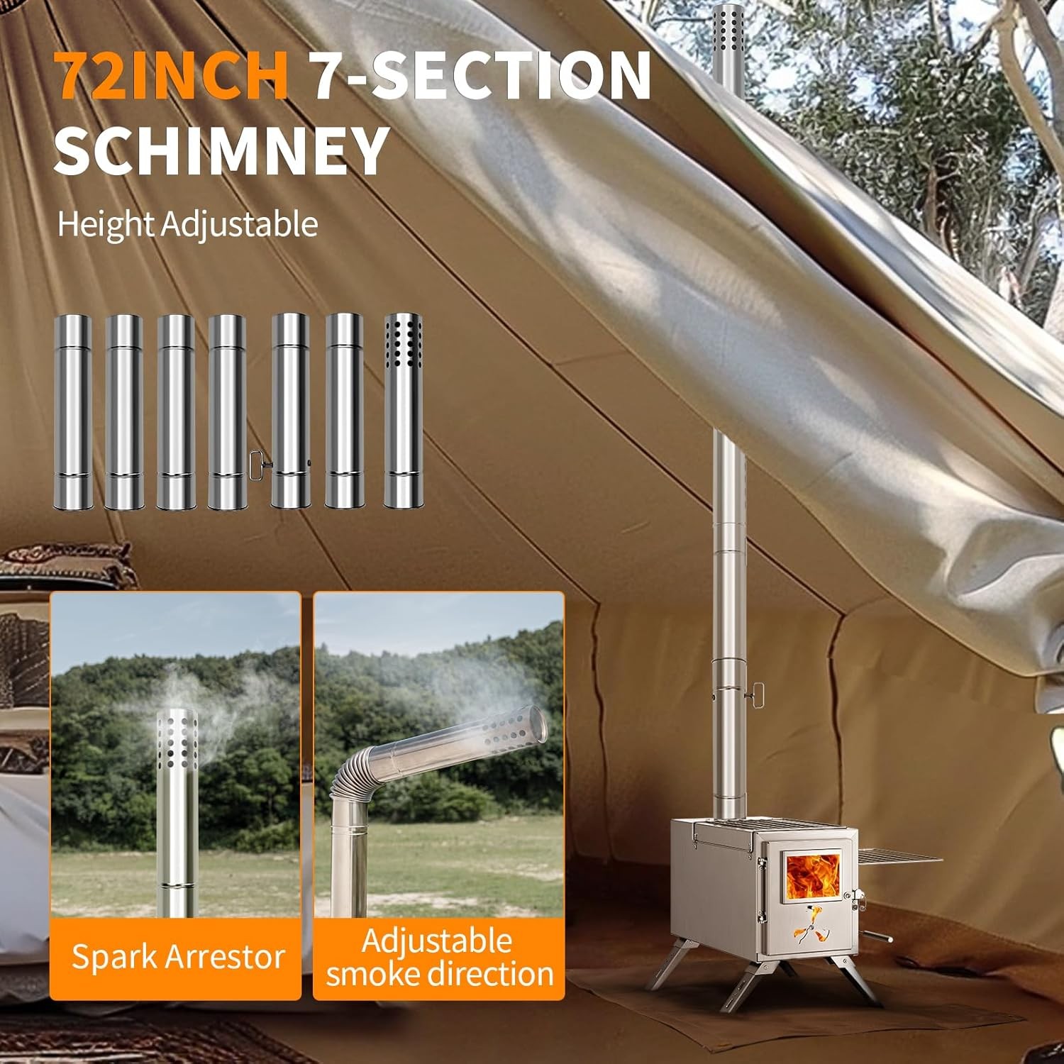 NAIZEA Folding Hot Tent Stove with 7 Section Chimney Pipes for HikingBackpacking