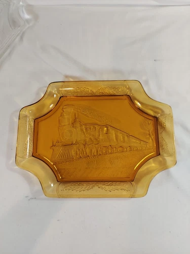 Vintage Locomotive Steam Train Bread Plate Amber Glass 1882 Union Pacific EUC