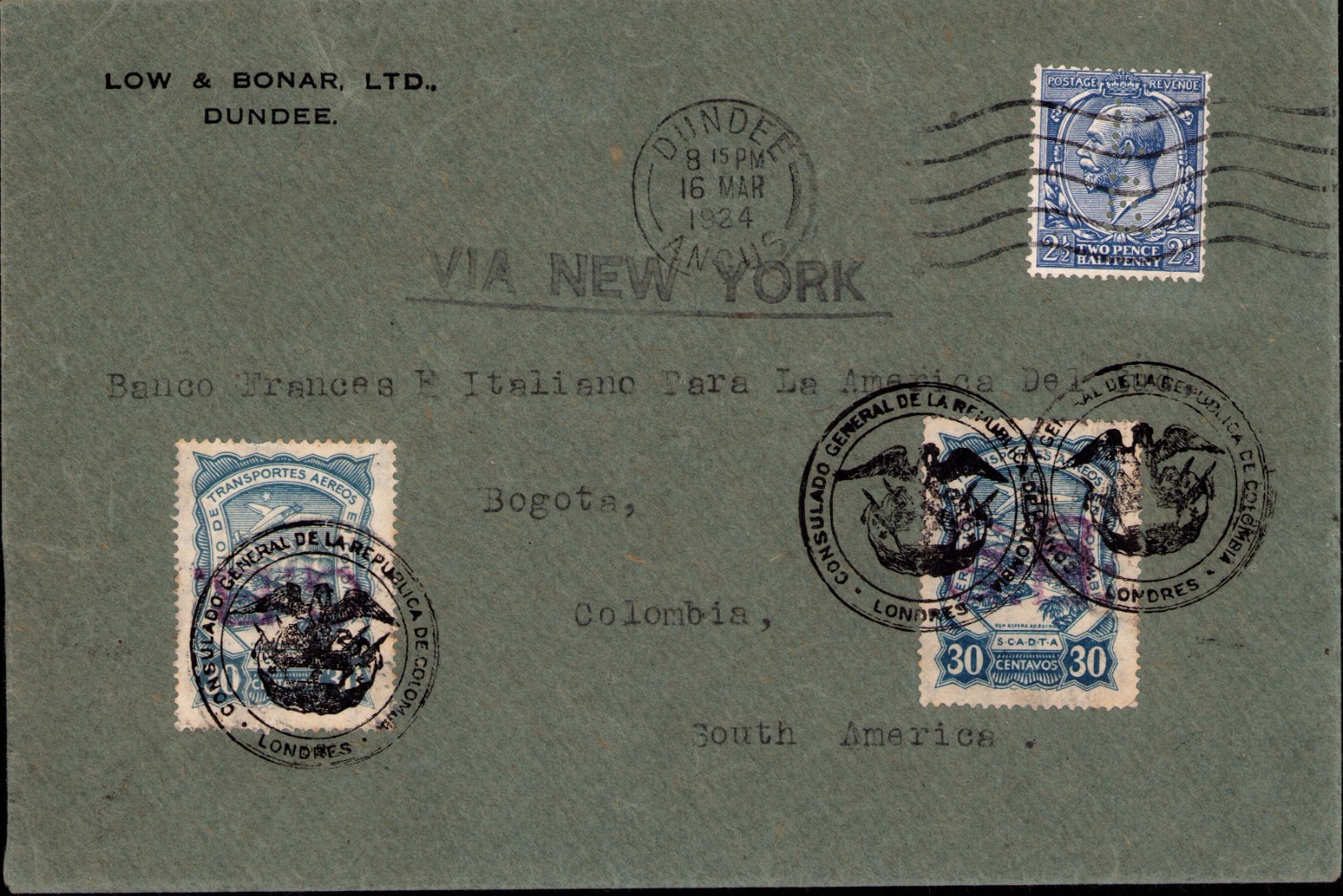 UNITED KINGDOM - COLOMBIA - SCADTA CONSULAR COVER W/ ERRORS - 1924 - UNIQUE !!