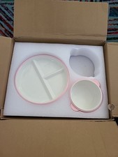 Domensi Kids Porcelain Plates with Bowl Set Anti-Slip Silicone Pink/Cream 2pc