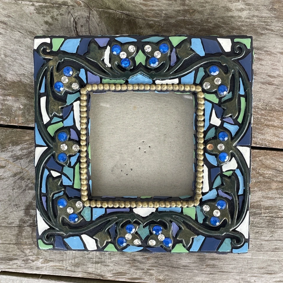 Blue and White Glass Tile Mosaic Square Frame With Blue And White Rhinestones  - Image 3 of 4