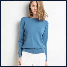 Women Slim O-Neck Solid Pullover Cashmere Wool Blending Sweater Autumn