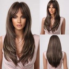 Light Brown w/ Highlights Long Straight Hair with Bangs 22in Premium Natural Wig