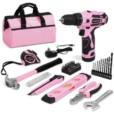 WORKPRO 12V Pink Cordless Drill Driver&61PC Home Tool Kit W/14-inch Storage Bag