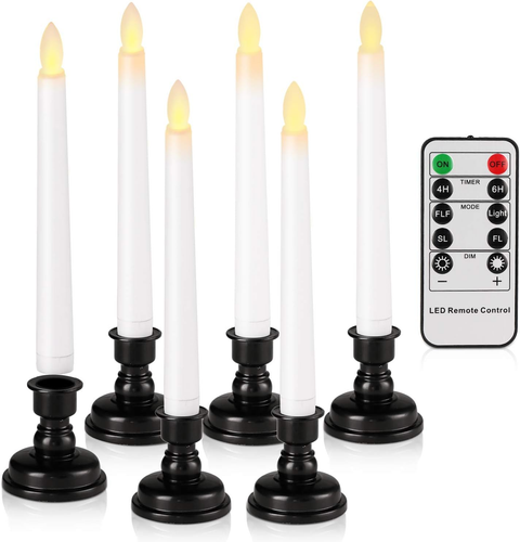 Set of 6 Flameless Window Taper Candles with 6PCS Black Base, Battery Operated F