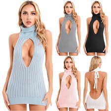 Women Sexy Knitted Turtleneck Dress Keyhole Backless Mini Bodycon Dress Clubwear