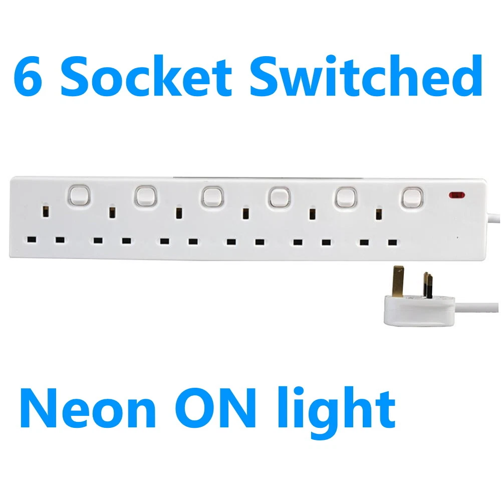 6 Way Switched Extension Lead Six Gang Multi Plug Socket White