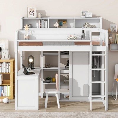 Wood Twin Size Loft bed Frame with Desk , Storage Shelves and Wardrobe US Stock