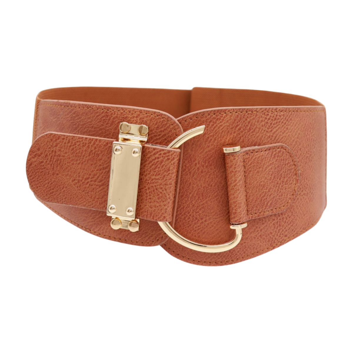 Women Elastic Brown Fashionable Wide Belt Gold Metal Hook Buckle
