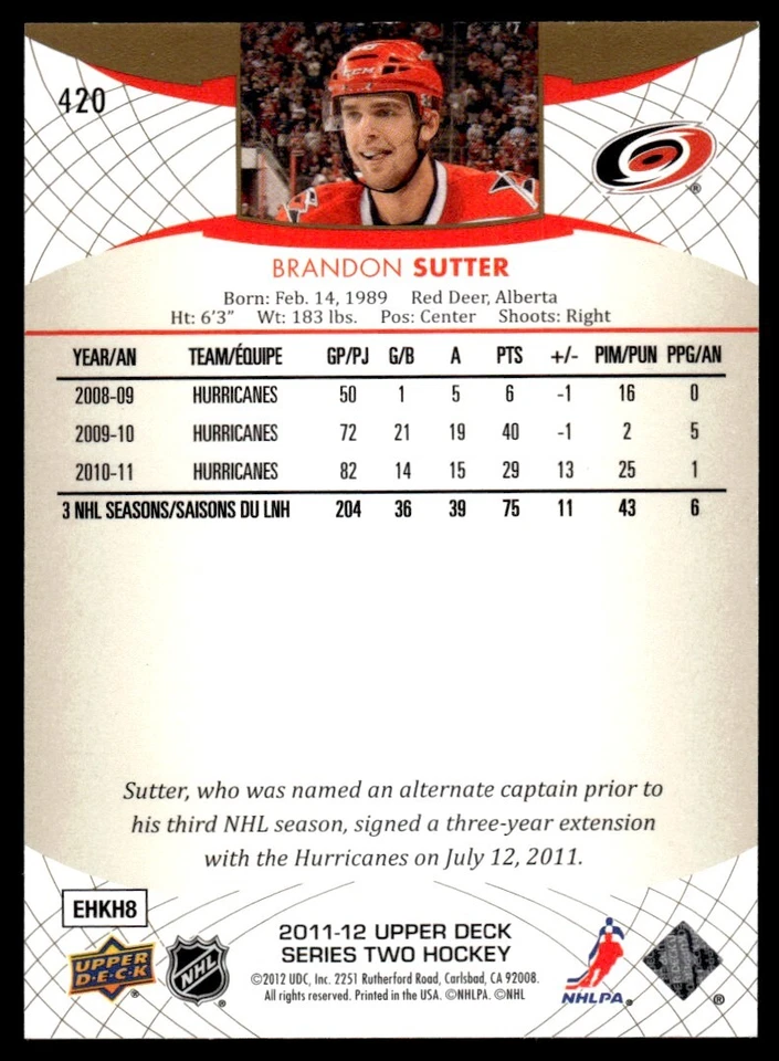 2011-12 UPPER DECK EXCLUSIVES Brandon Sutter /100 Carolina Hurricanes #420 - Image 2 of 2