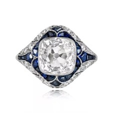 Art Deco Cushion Cut Lab Created Diamond  Sapphire 925 Silver Engagement Ring