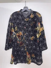 Citron Santa Monica Black Velvet Burnout Floral Butterfly Mandarin Tunic/Top/1X