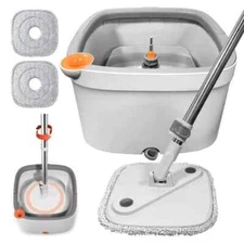 KZKR Spin Mop with Dual Compartment Bucket & Thick Microfiber Mop Pads