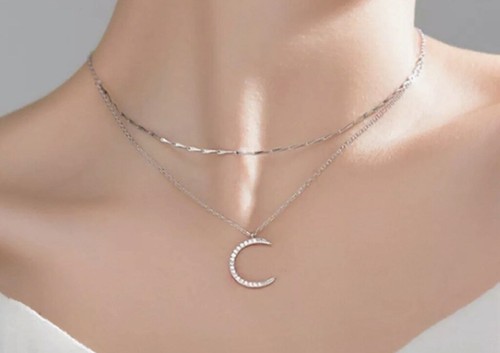 NEW Women's Double Layer White Gold Plated .925 Silver Moon Necklace, Sz 16-18”