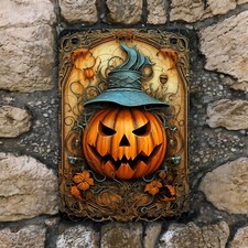 Spooky Pumpkin Metal Sign   Halloween Wall Art with Witch Hat  Vines, 8 12 in