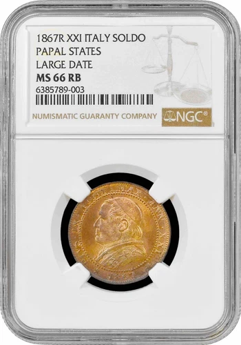 Papal States 1 soldo 1866 R, NGC MS66 RB, "Pius IX (1846 - 1878)" Top Pop 1/0