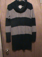 Pink Rose Sweater Dress Cowl Neck Teal and Gray Striped Size M 120623 I231T11