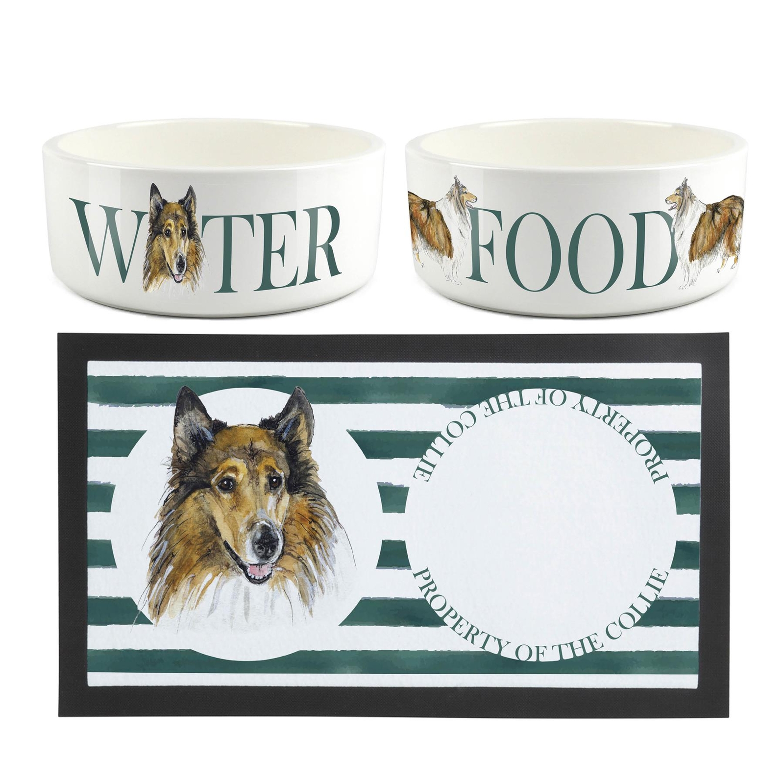 Purely Home Collie Pet Mat - Food & Water Bowl Set - White - Ceramic - 1L Bowls - Image 2