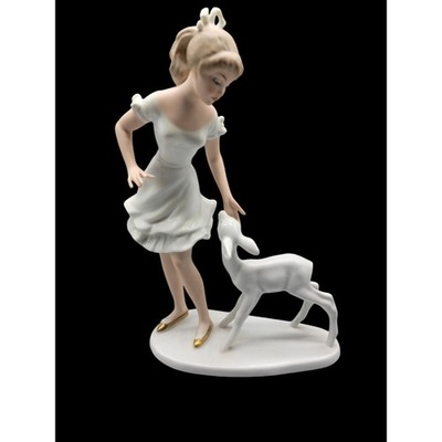 Wallendorf Girl in Dress w/Deer Figurine Thuringia Germany Kurt Steiner 1960s