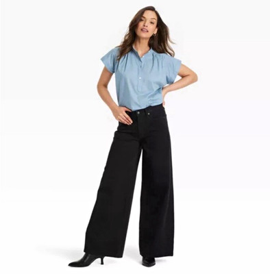 Universal Thread Blue Chambray Button Front Band Collar Blouse S Cotton