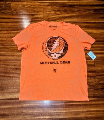 Lucky Brand Grateful Dead Web T Shirt Mens XL Orange Graphics Skull Band Tee NEW